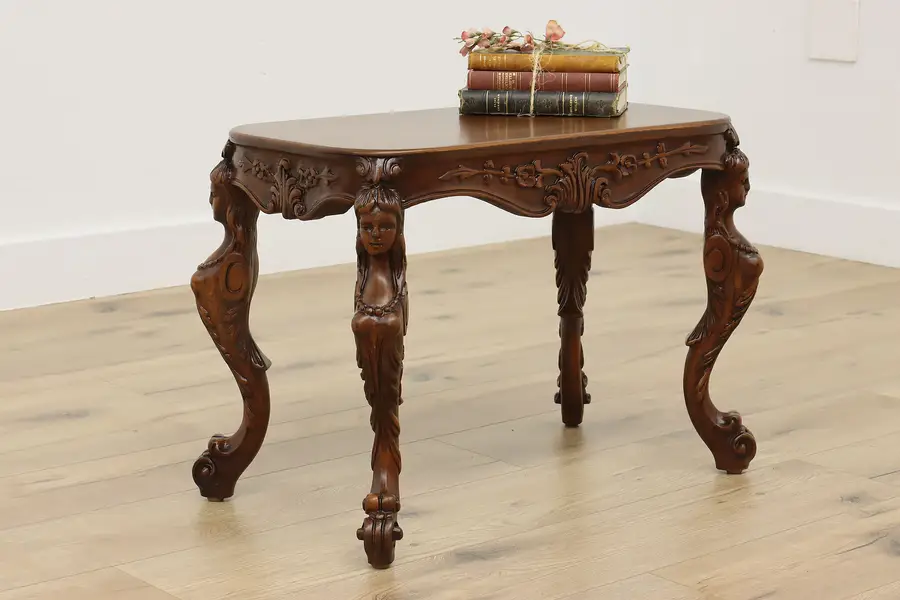 Photo of French Antique Walnut Coffee or End Table, Carved Figures