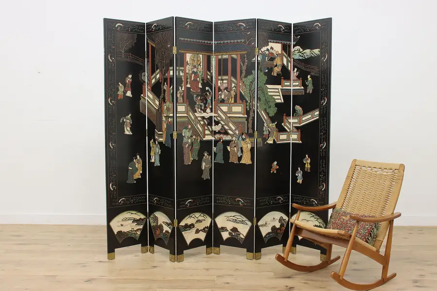 Photo of Chinese 8' Vintage 6 Panel Carved Coromandel Lacquer Screen