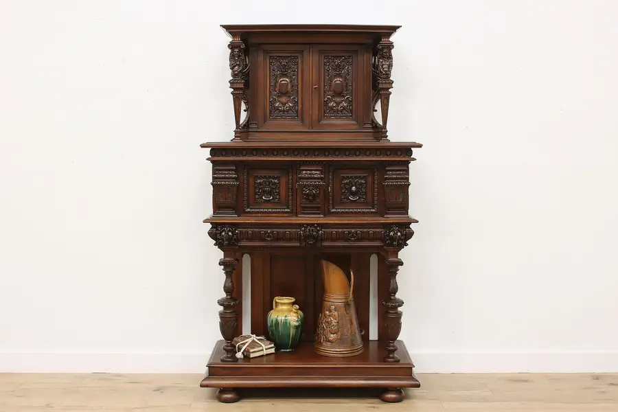 Photo of Renaissance Antique Hall or Bar Cabinet Carved Lions Knights