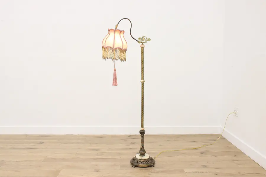 Photo of Brass & Onyx Adjustable Bridge Floor Lamp, Silk Fringe Shade