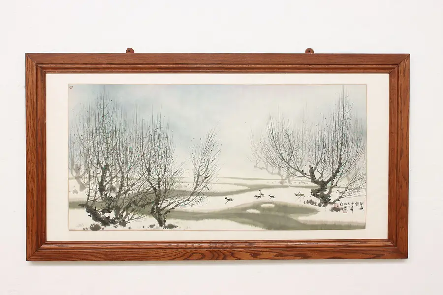 Photo of Winter Deer Vintage Chinese Watercolor Painting Signed 68.5"