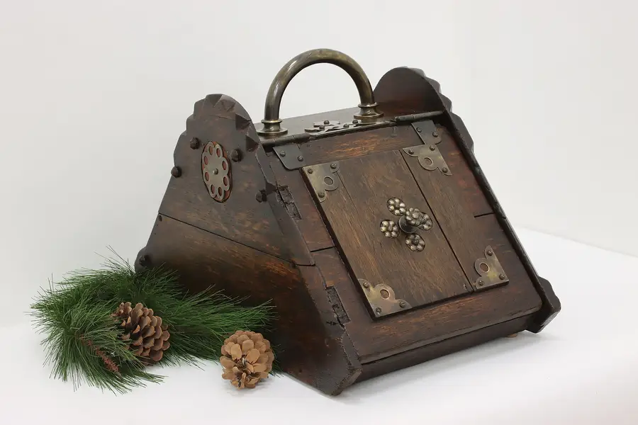 Photo of Victorian Antique Oak & Brass Fireplace Coal Hod or Scuttle