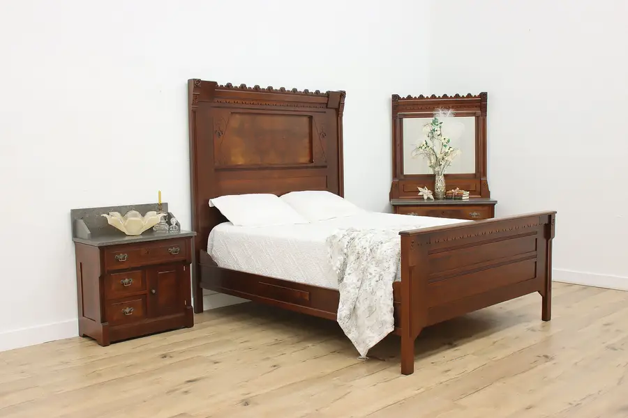 Photo of Victorian Eastlake Antique 3 Pc Walnut Marble Queen Bed Set