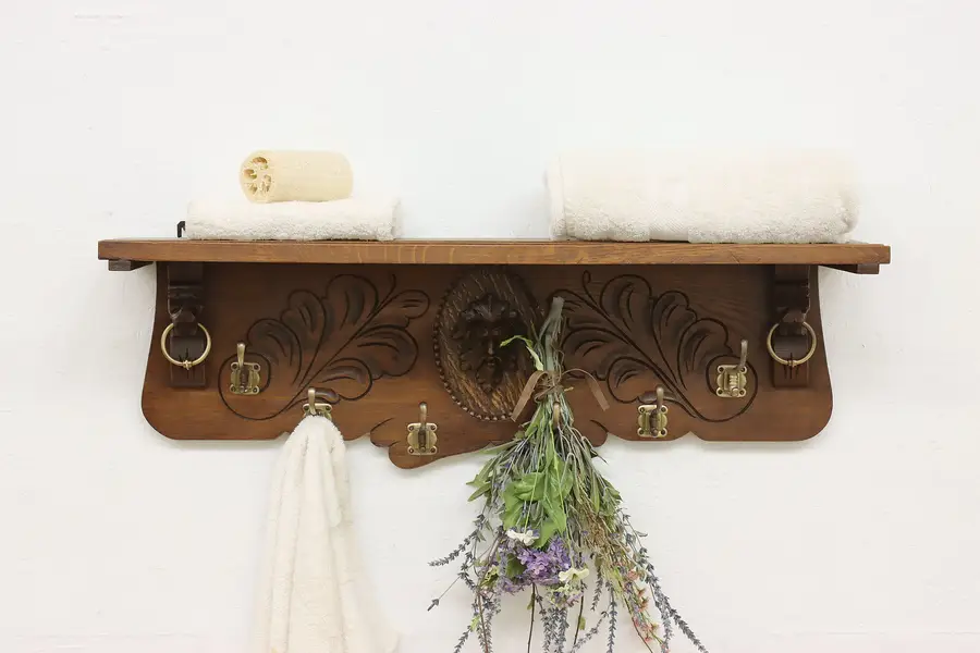 Photo of Dutch Renaissance Antique Carved Oak Wall Coat & Hat Rack