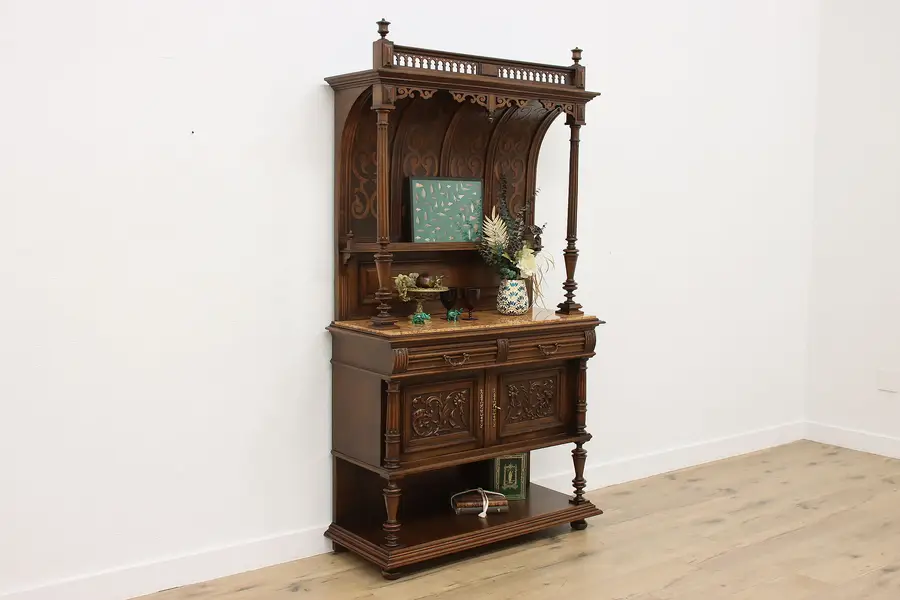 Photo of Renaissance Antique Walnut & Marble Bar Server or Sideboard