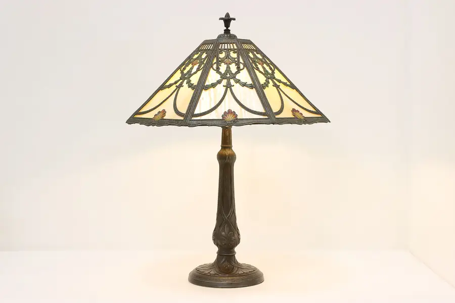 Photo of Art Nouveau Antique Stained Glass Shade Table Lamp