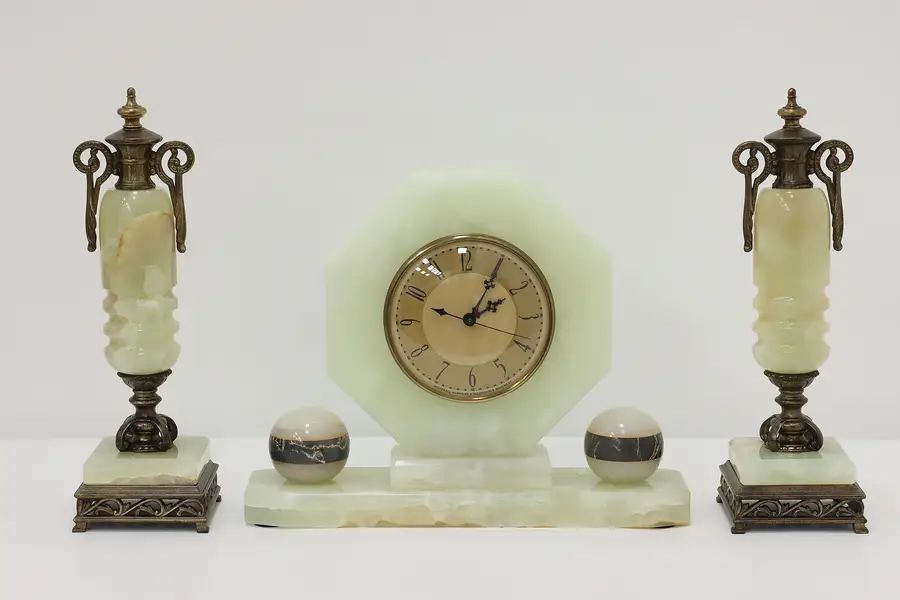 Photo of Art Deco Antique Onyx Mantel Clock Set Whitehall Hammond