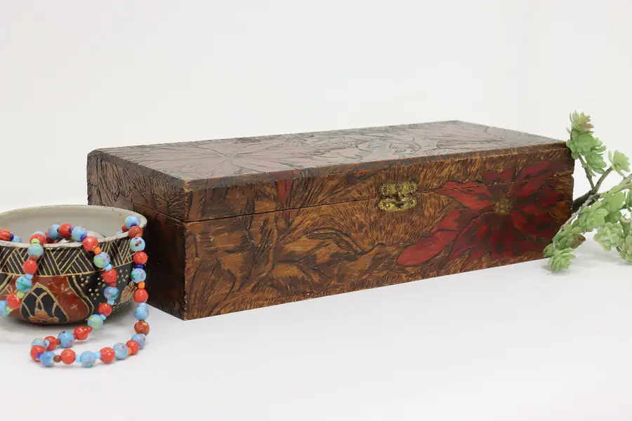 Photo of Flemish Art Antique Burnt Wood Pyrography Box, Poinsettias
