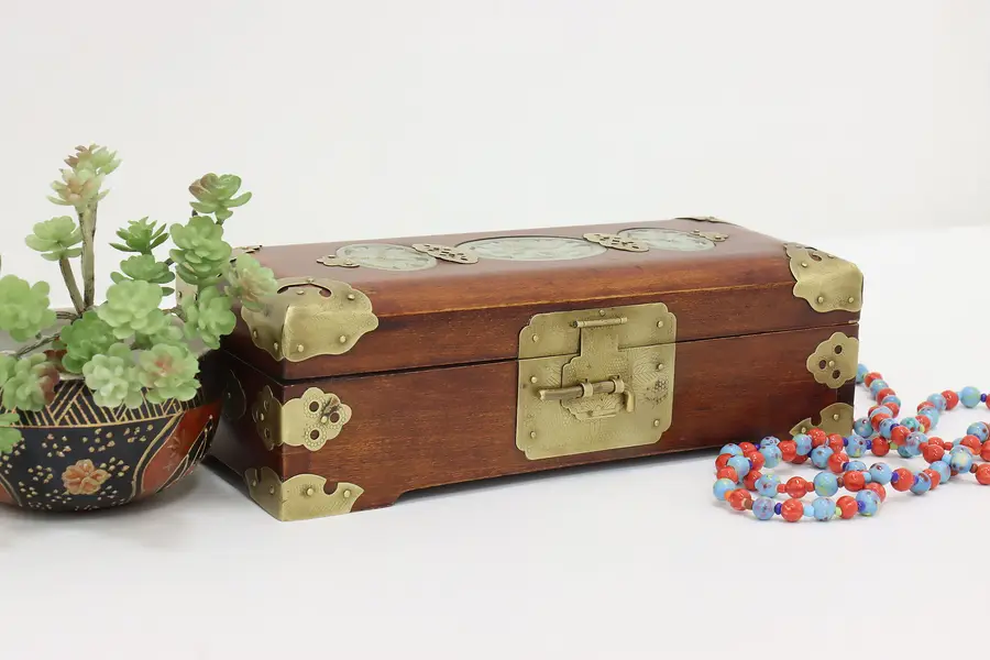 Photo of Asian Vintage Jewelry Box, Carved Jade & Brass Mounts