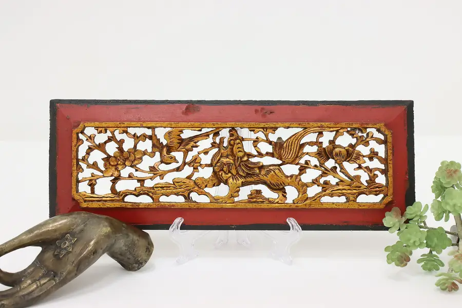 Photo of Chinese Vintage Carved & Gilt Wall Plaque Mythological Beast