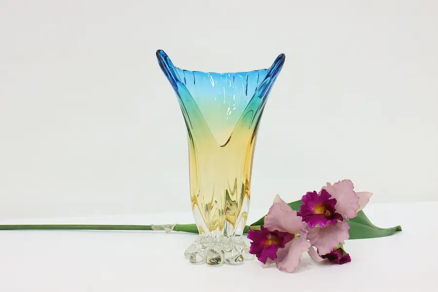 Photo of Murano Venice Italian Blue & Yellow Blown Art Glass Vase