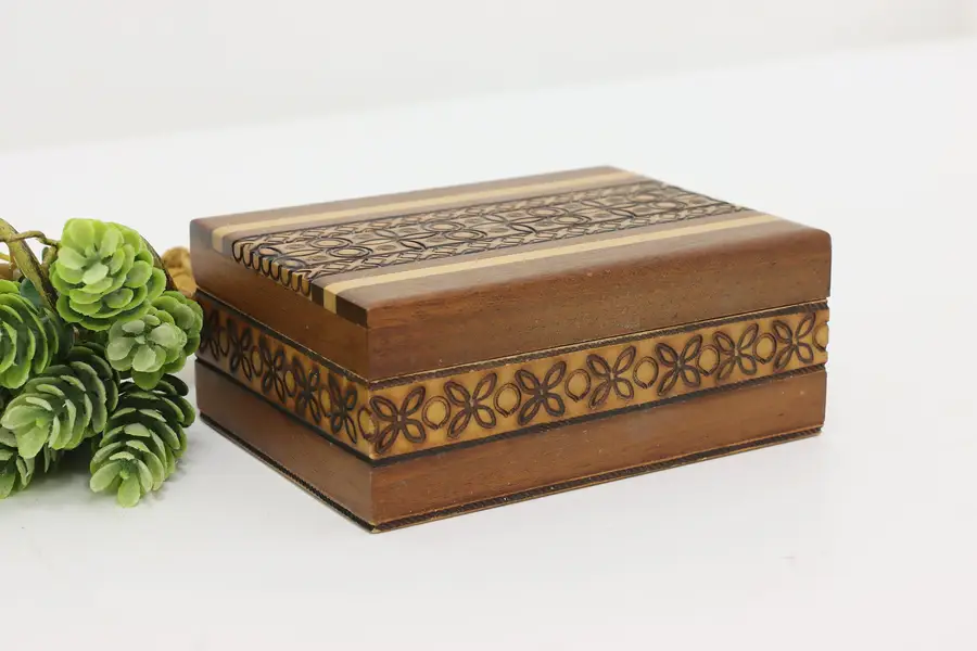 Photo of Folk Art Vintage Pyrography & Inlay Jewelry or Keepsake Box