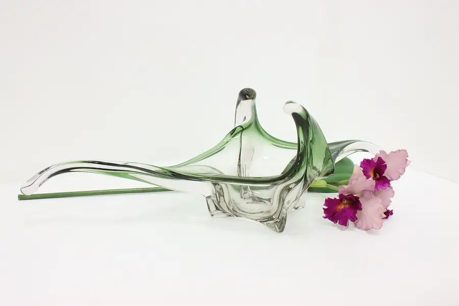 Photo of Murano Vintage Blown Green Art Glass Sculpture Bowl Italy
