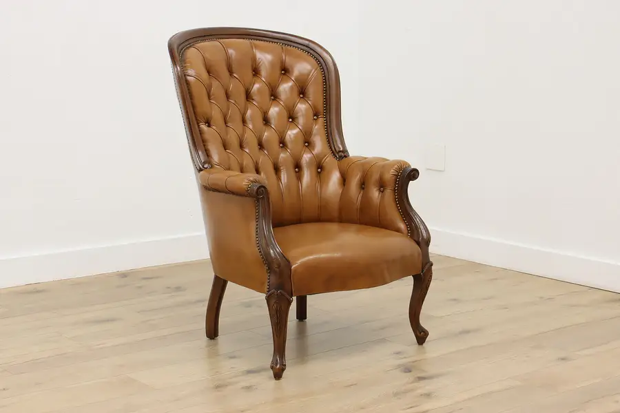Photo of French Vintage Tufted Leather Carved Library Lounge Chair