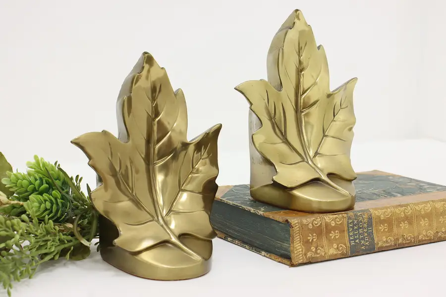 Photo of Pair of Maple Leaf Vintage Brass Library Bookends PMC