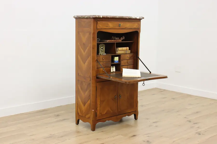 Photo of French Antique Walnut Marquetry Secretary Desk Marble Liche