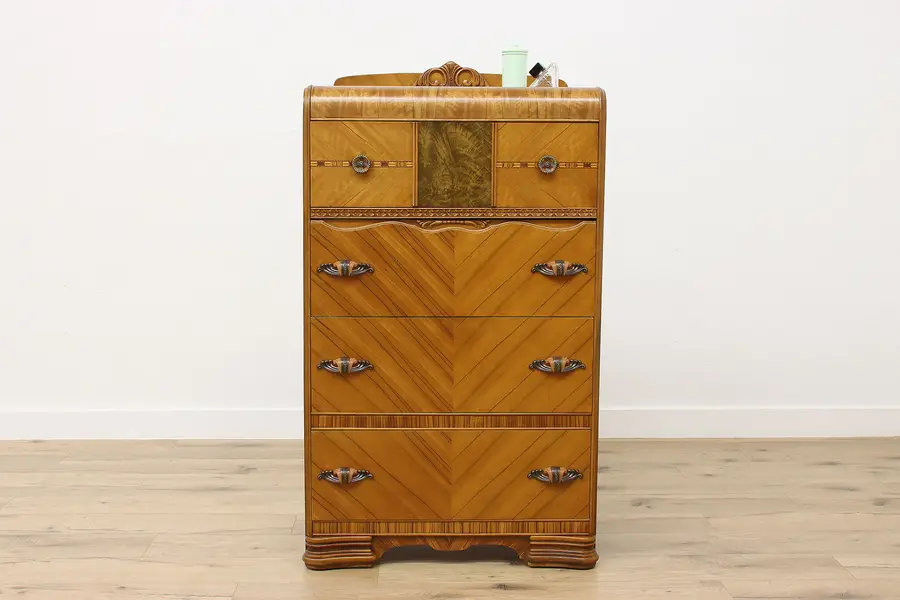 Photo of Art Deco Vintage Waterfall Tall Chest or Dresser Bakelite