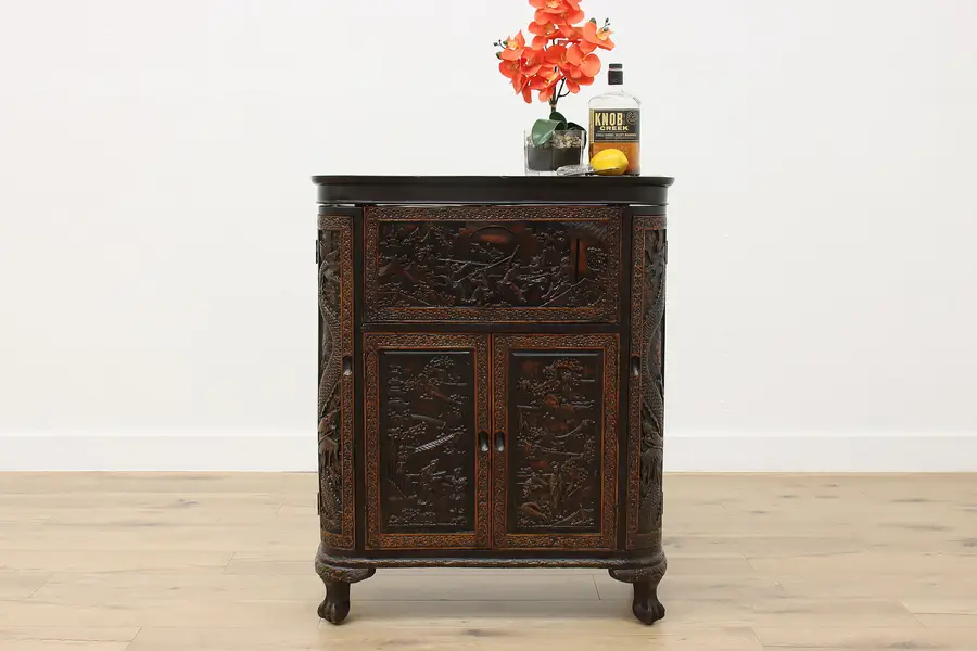 Photo of Chinese Vintage Carved Bar Cabinet Lift Up Caddy
