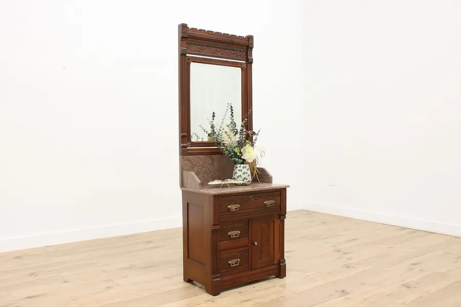 Photo of Victorian Eastlake Antique Walnut Marble Chest or Washstand