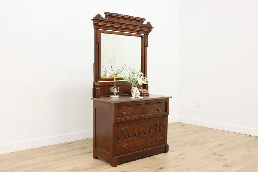 Photo of Victorian Eastlake Antique Walnut & Marble Dresser, Mirror