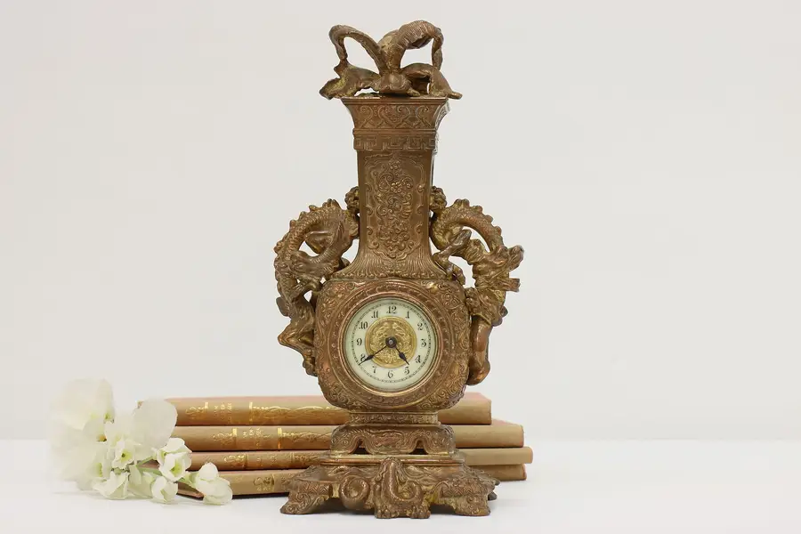 Photo of Asian Antique Bronze Plated Desktop Clock, Dragons