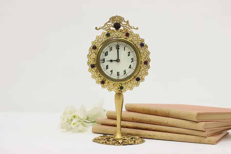 Photo of Victorian Antique Gold Plated Desktop Clock Jewels, Rogers
