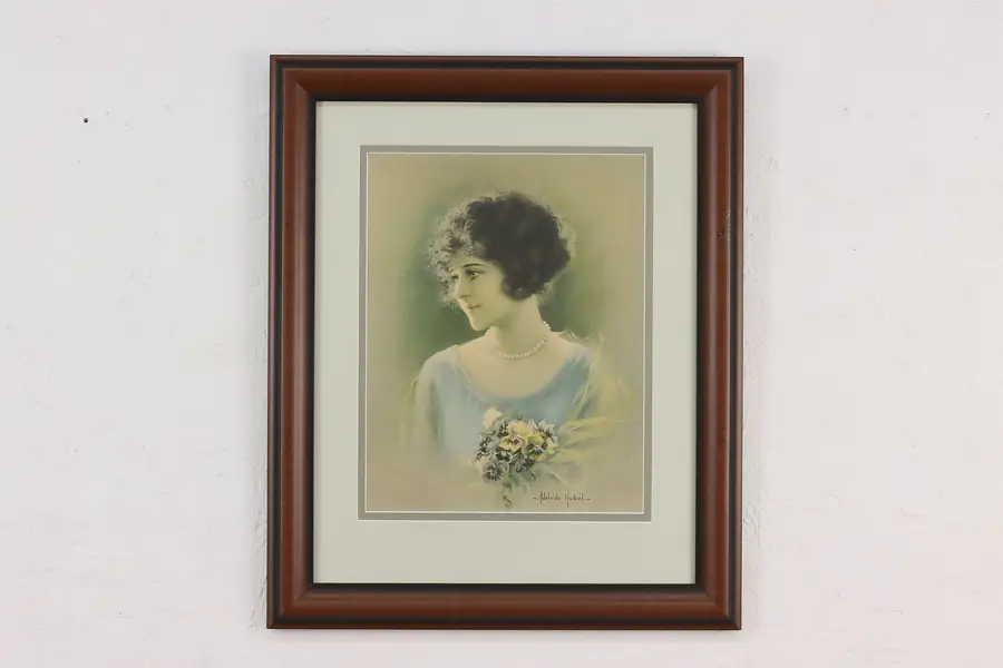 Photo of Woman with Flowers Antique Framed Print Hiebel 20.5"