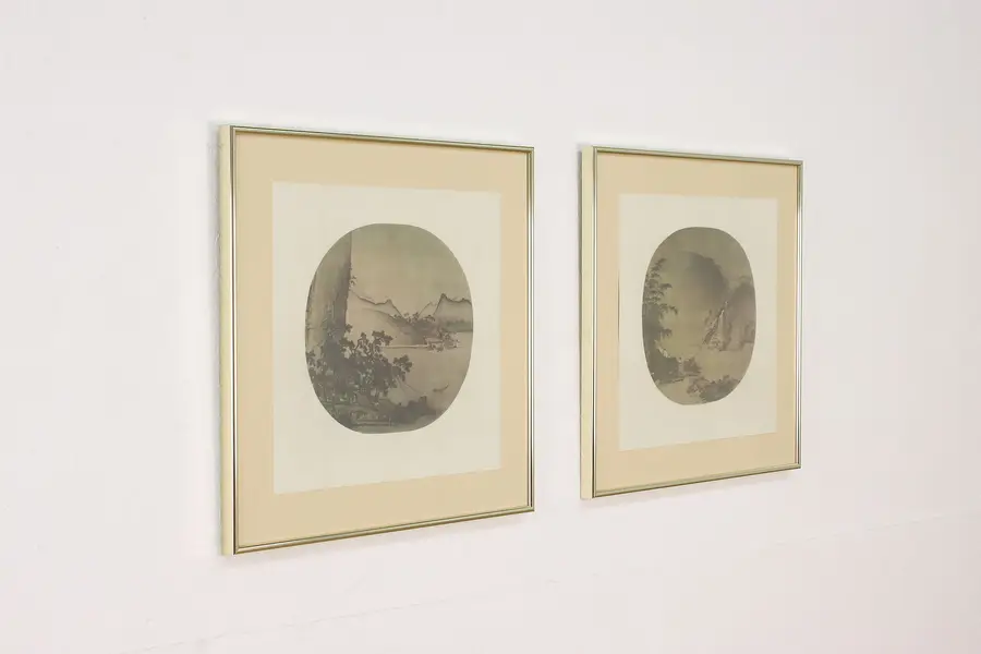 Photo of Pair of Chinese Antique Fan Leaf Landscape Art Prints 19"