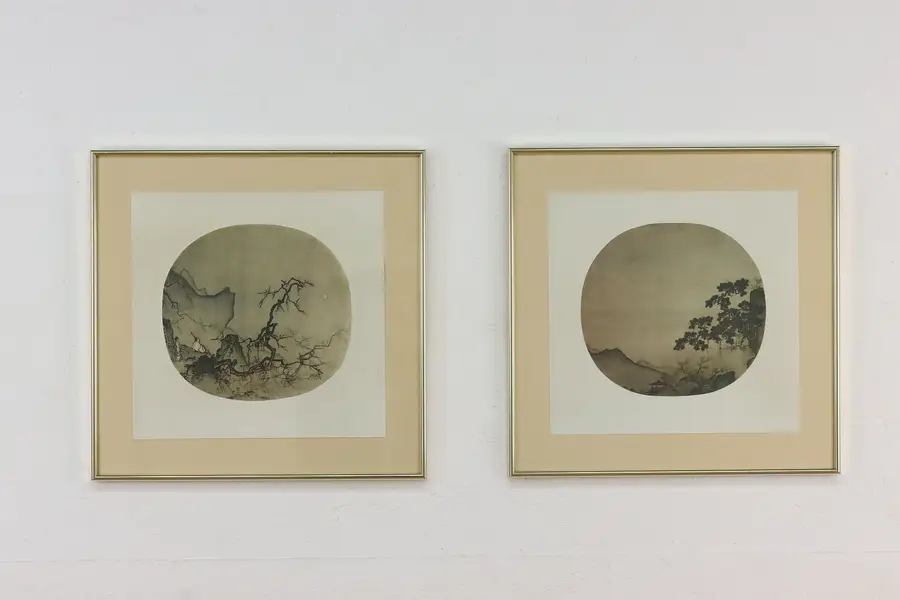 Photo of Pair of Chinese Antique Fan Leaf Landscape Art Prints 19"