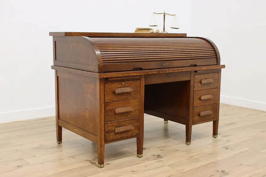 Photo of Traditional Antique Oak C Curve Roll Top Office Library Desk