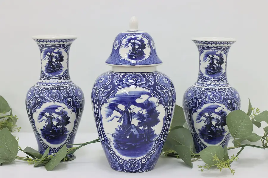 Photo of Dutch 3 Pc Vintage Blue Porcelain Urn & Vases Set, Delft