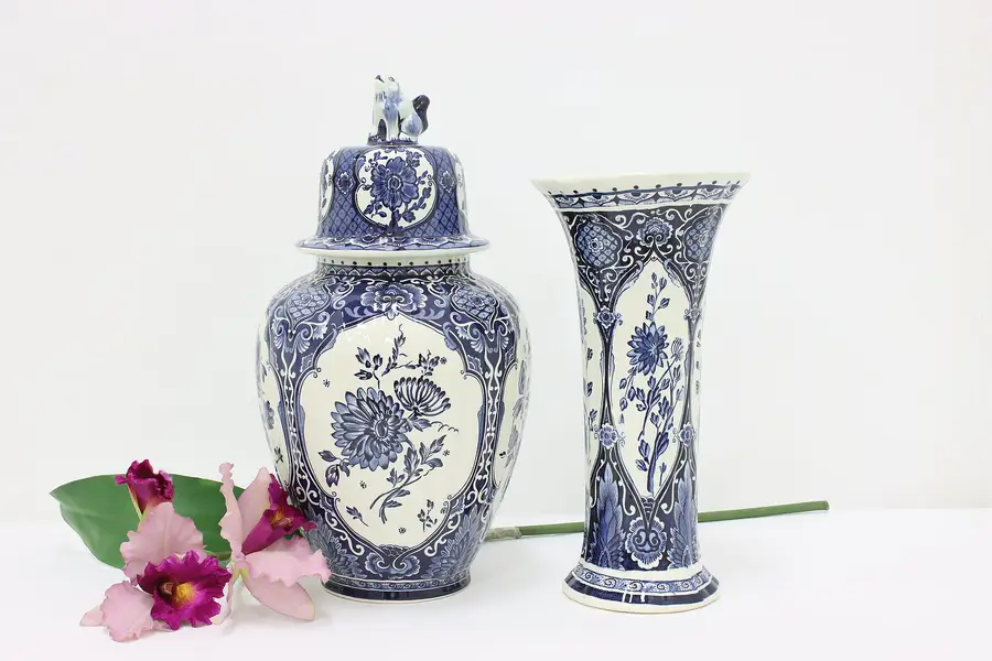 Photo of Dutch Vintage 2 Pc Delft Blue Porcelain Urn & Vase Set, Boch