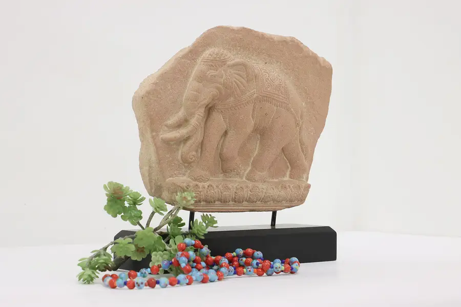 Photo of Asian Vintage Carved Pink Stone Elephant Relief on Base