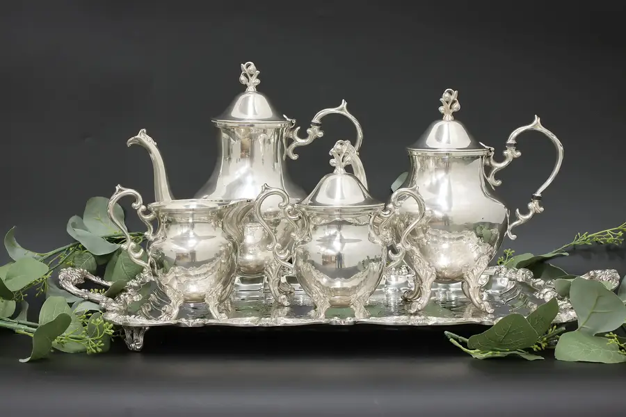 Photo of Silverplate Vintage 5 Pc Tea & Coffee Set, Tray, English