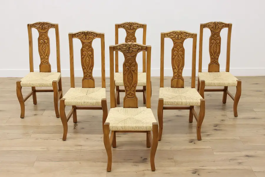 Photo of Set of 6 Vintage Farmhouse Pine Rush Seat Dining Chairs