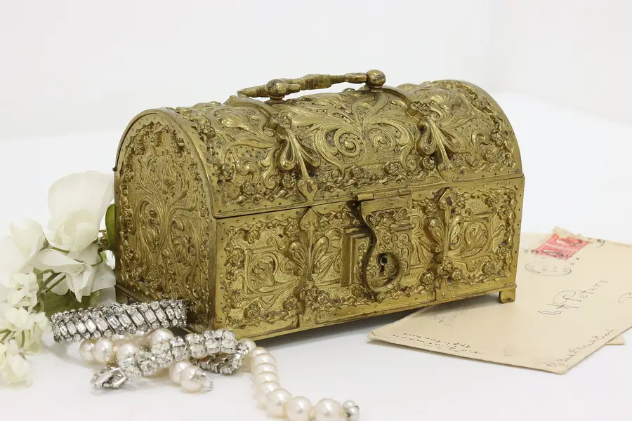 Photo of Art Nouveau Antique Gilt Brass Jewelry Keepsake Chest Erhard