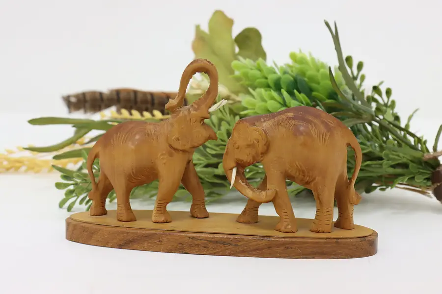 Photo of Battling Elephants Vintage Carved Teak Sculpture
