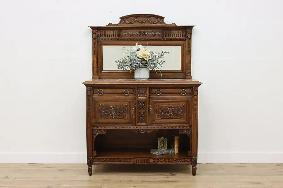 Photo of French Antique Carved Walnut Marble Top Served Sideboard Bar