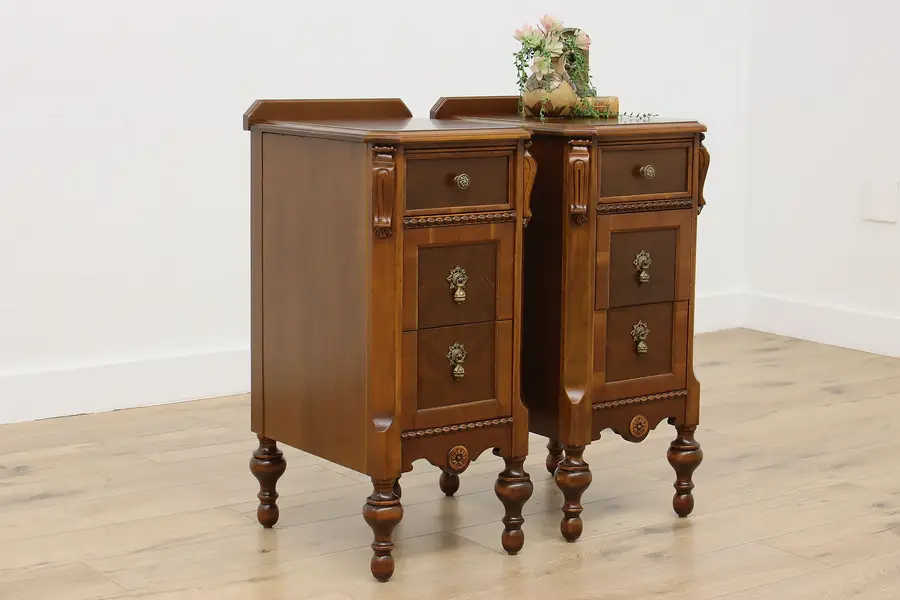 Photo of Pair Tudor Design Antique Walnut Nightstands or End Tables