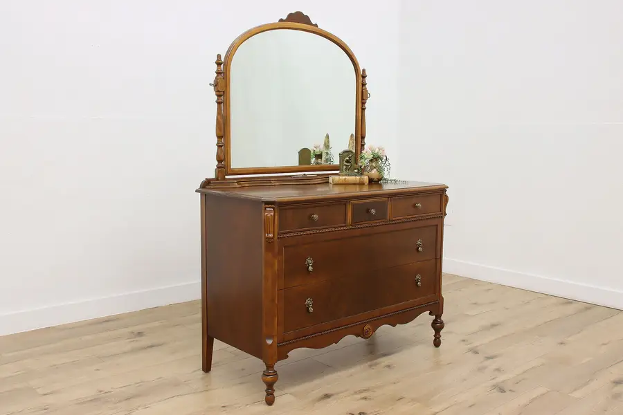 Photo of Tudor Design Antique Walnut Dresser Chest & Mirror Northern