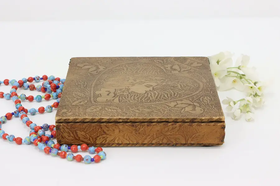 Photo of Folk Art Antique Pyrography Burnt Wood Jewelry Box, Heart