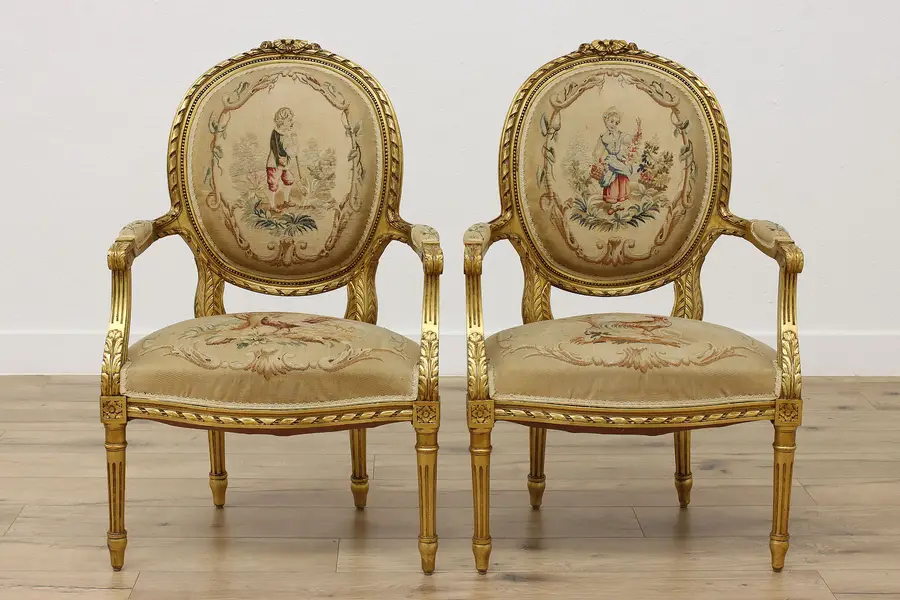 Photo of Pair French Louis XVI Antique Upholstered Carved Desk Chairs