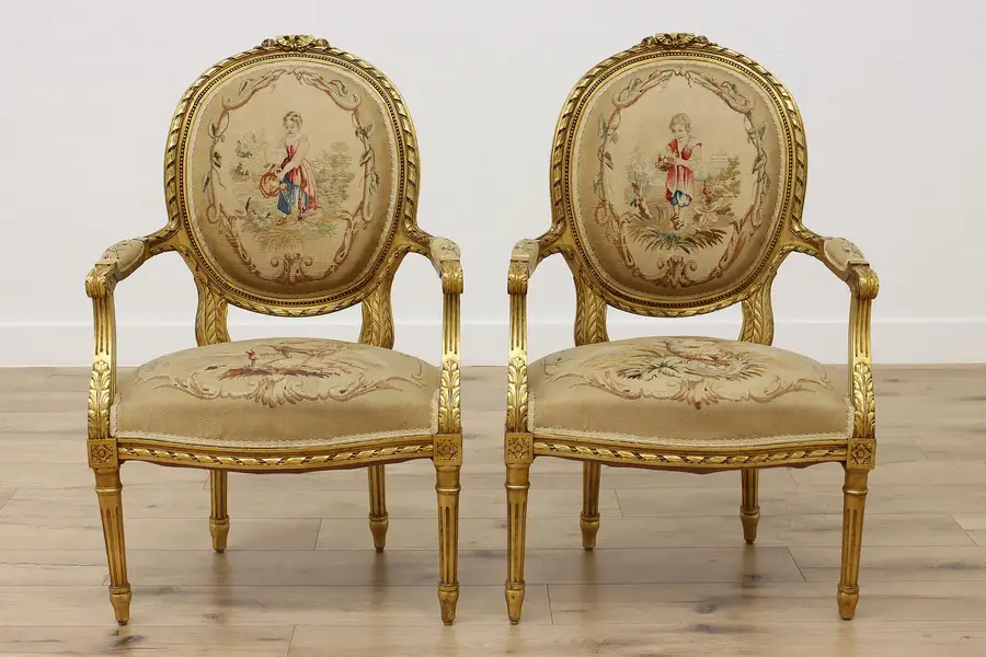 Photo of Pair French Louis XVI Antique Gold Aubusson Tapestry Chairs