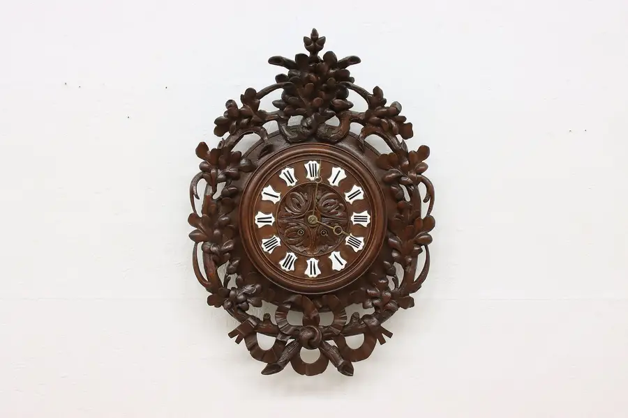 Photo of Black Forest Antique Carved Oak Wall Clock, 34"