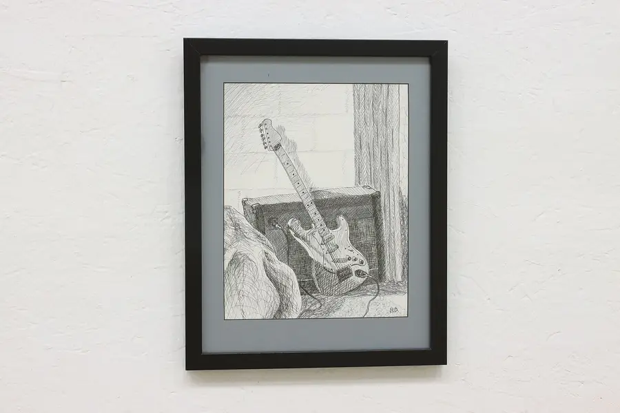 Photo of Guitar & Amp Vintage Original Pen Drawing Bodden 15.5"