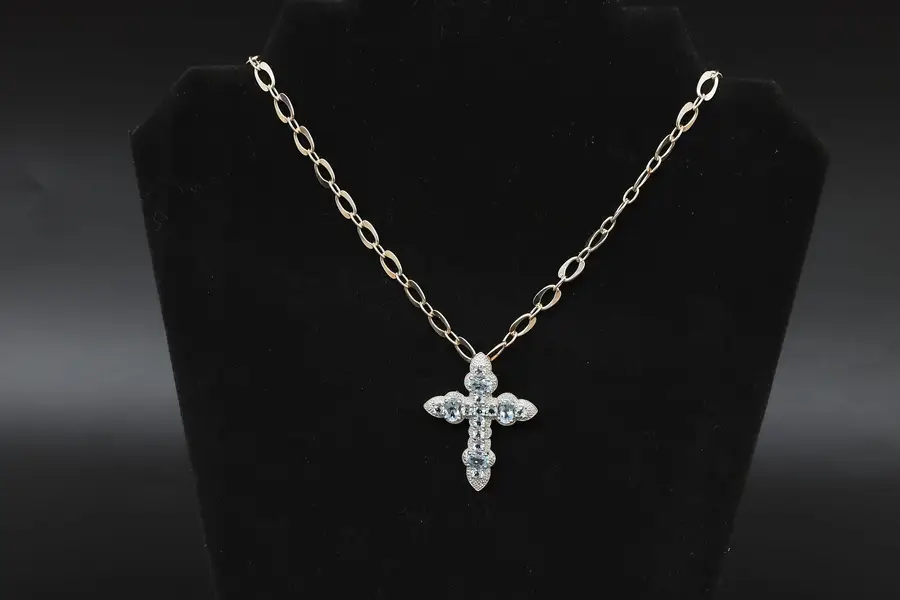 Photo of Blue CZ & Sterling Cross Pendant w/ 24" Sterling Chain