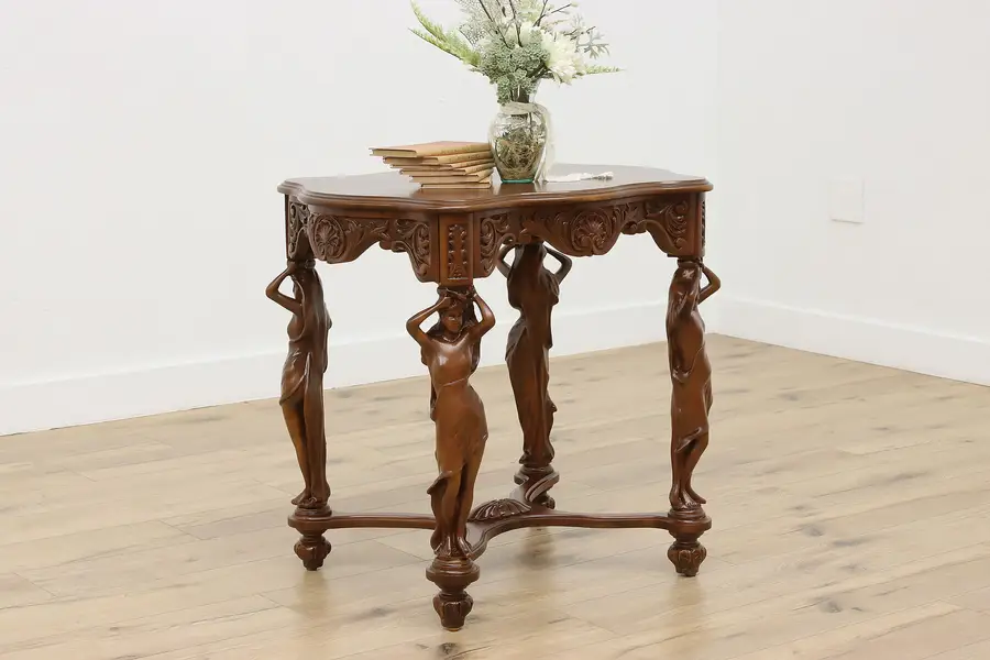 Photo of French Design Antique Walnut Table, Women Sculptures