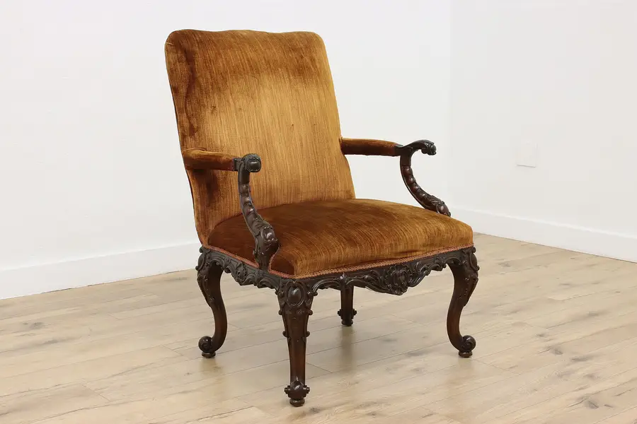 Photo of Victorian Antique Carved Mahogany & Orange Velvet Armchair