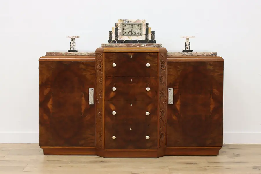 Photo of Art Deco Antique Marble Top & Walnut Buffet or Sideboard
