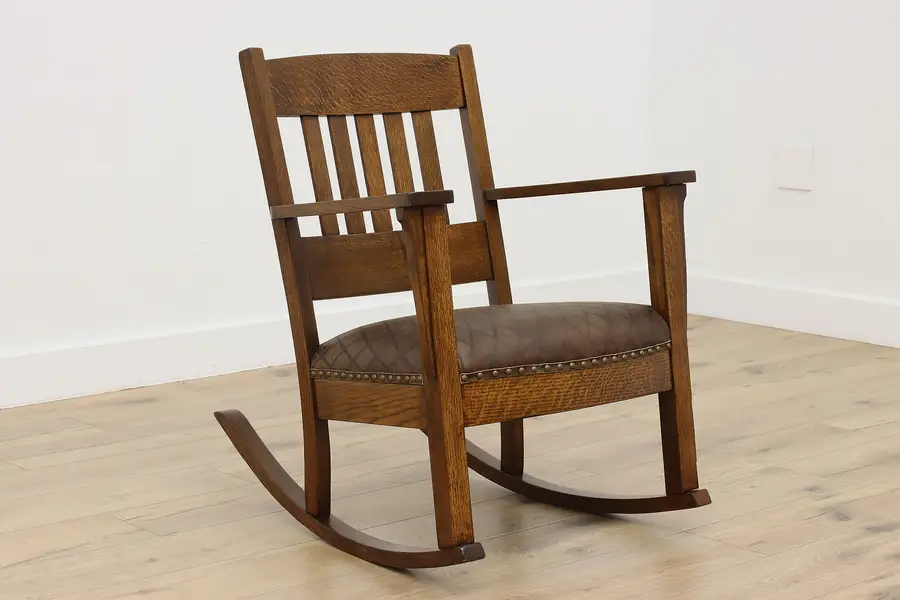 Photo of Craftsman Antique Oak & Leather Rocking Chair, Wisconsin